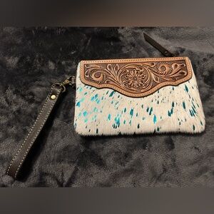 Boho Ranch Shop Turquoise Acidwash Cowhide and Tooled Leather Wristlet